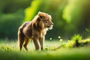 a lion standing in the grass with trees in the background. AI-Generated photo