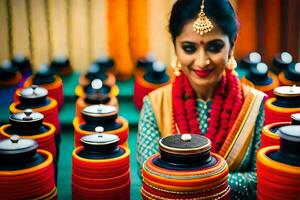 un mujer en tradicional indio atuendo es rodeado por ollas. generado por ai foto