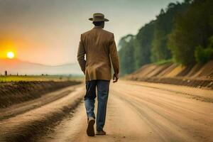 un hombre en un traje y sombrero camina abajo un suciedad la carretera. generado por ai foto