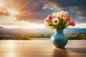 un florero con flores en un mesa en frente de un puesta de sol. generado por ai foto