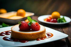 a dessert with strawberries and a sauce on a plate. AI-Generated photo