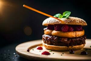 a hamburger with berries and a straw. AI-Generated photo
