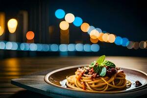 a plate of spaghetti with tomato sauce and basil leaves on a wooden table in front of a city. AI-Generated photo