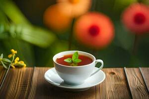 a cup of tea on a wooden table with flowers in the background. AI-Generated photo