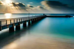 a long exposure photo of a pier at the beach. AI-Generated