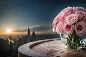 pink roses in a vase on a table with a city in the background. AI-Generated photo