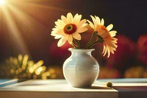 flores en un florero en un mesa con luz de sol brillante mediante el ventana. generado por ai foto