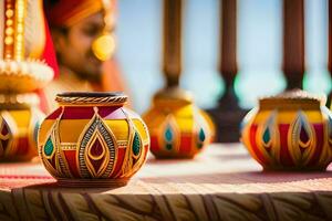 colorful vases on a table with a woman in the background. AI-Generated photo