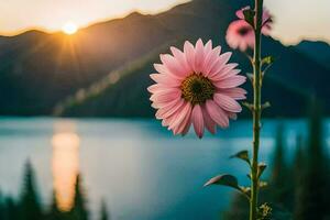 pink flower in front of mountains and lake at sunset. AI-Generated photo