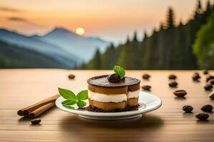 el postre es servido en un plato con un taza de café y un taza de nueces. generado por ai foto