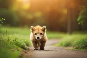 a small brown fox is walking down a path. AI-Generated photo