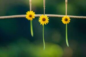 three yellow flowers hanging from a string. AI-Generated photo