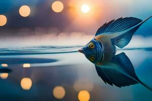 un pescado es reflejado en el agua a puesta de sol. generado por ai foto