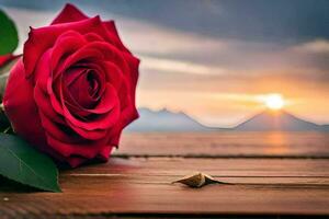a red rose sits on a wooden table with the sun setting behind it. AI-Generated photo