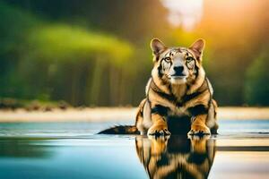 a tiger sitting on the water in front of a forest. AI-Generated photo