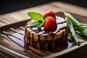 un postre con chocolate salsa y fresas generado por ai foto