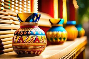 colorful vases on a shelf in a store. AI-Generated photo