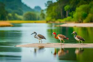 three birds standing on the shore of a river. AI-Generated photo