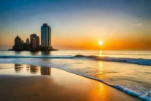 el Dom conjuntos terminado el playa y el ciudad. generado por ai foto