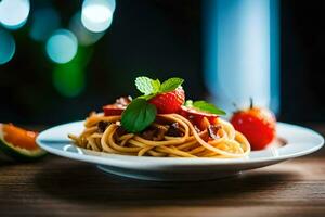 spaghetti with tomatoes and basil leaves on a plate. AI-Generated photo