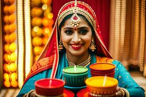 a woman in indian attire holding colorful cups. AI-Generated photo