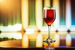 a glass of red wine on a table in front of a bright light. AI-Generated photo