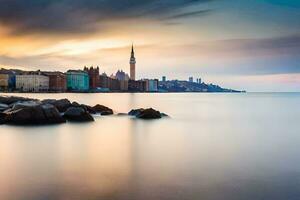 a long exposure photograph of a city skyline at sunset. AI-Generated photo