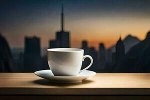 a cup of coffee on a table in front of a cityscape. AI-Generated photo