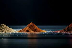 three different types of spices are shown on a black background. AI-Generated photo