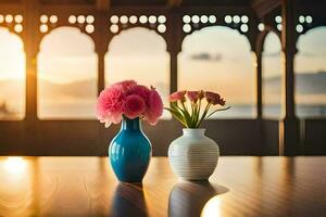 two vases with flowers on a table in front of a window. AI-Generated photo