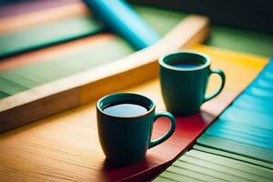 two coffee cups on a wooden table. AI-Generated photo