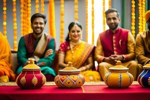 a group of people in indian attire sitting around a table. AI-Generated photo