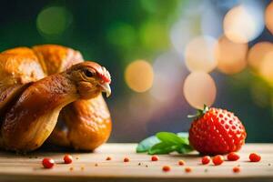 a chicken is sitting on a table with strawberries. AI-Generated photo