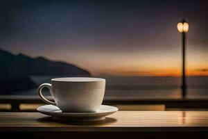 a cup of coffee on a table in front of a sunset. AI-Generated photo