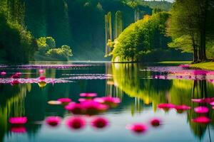 pink flowers are floating on the water in a lake. AI-Generated photo