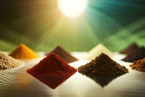 a variety of spices are shown in front of a light. AI-Generated photo