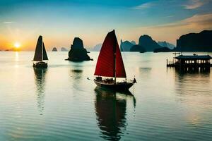 Tres barcos en el agua a puesta de sol con montañas en el antecedentes. generado por ai foto