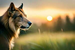 a dog is standing in a field at sunset. AI-Generated photo