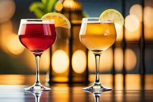 two glasses of alcohol with lemon slices on the table. AI-Generated photo