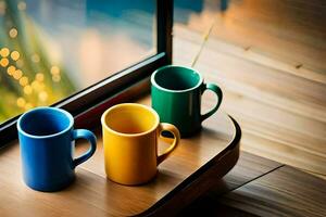 three colorful coffee mugs sit on a wooden table. AI-Generated photo
