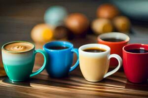 un grupo de vistoso café tazas en un mesa. generado por ai foto