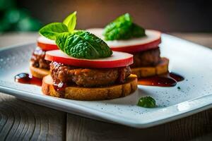 two small sandwiches with meat and vegetables on a white plate. AI-Generated photo