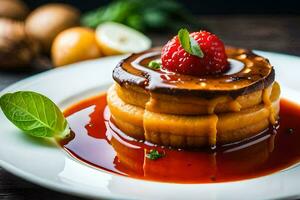 a dessert with sauce and strawberries on a plate. AI-Generated photo