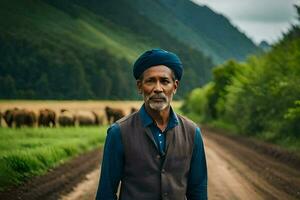 un indio hombre en un turbante soportes en un suciedad la carretera con vacas en el antecedentes. generado por ai foto