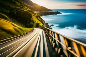 a car driving on a highway near the ocean. AI-Generated photo