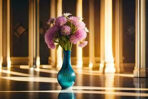 a vase with purple flowers sitting on a wooden floor. AI-Generated photo