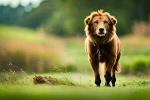 a brown dog is walking through a field. AI-Generated photo