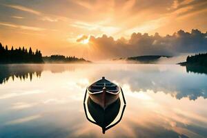 un barco es flotante en un calma lago a puesta de sol. generado por ai foto