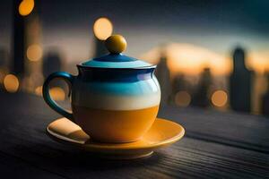 a coffee cup and saucer on a table with a cityscape in the background. AI-Generated photo