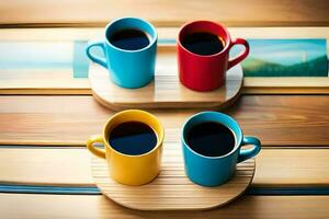 three coffee cups on a wooden tray. AI-Generated photo